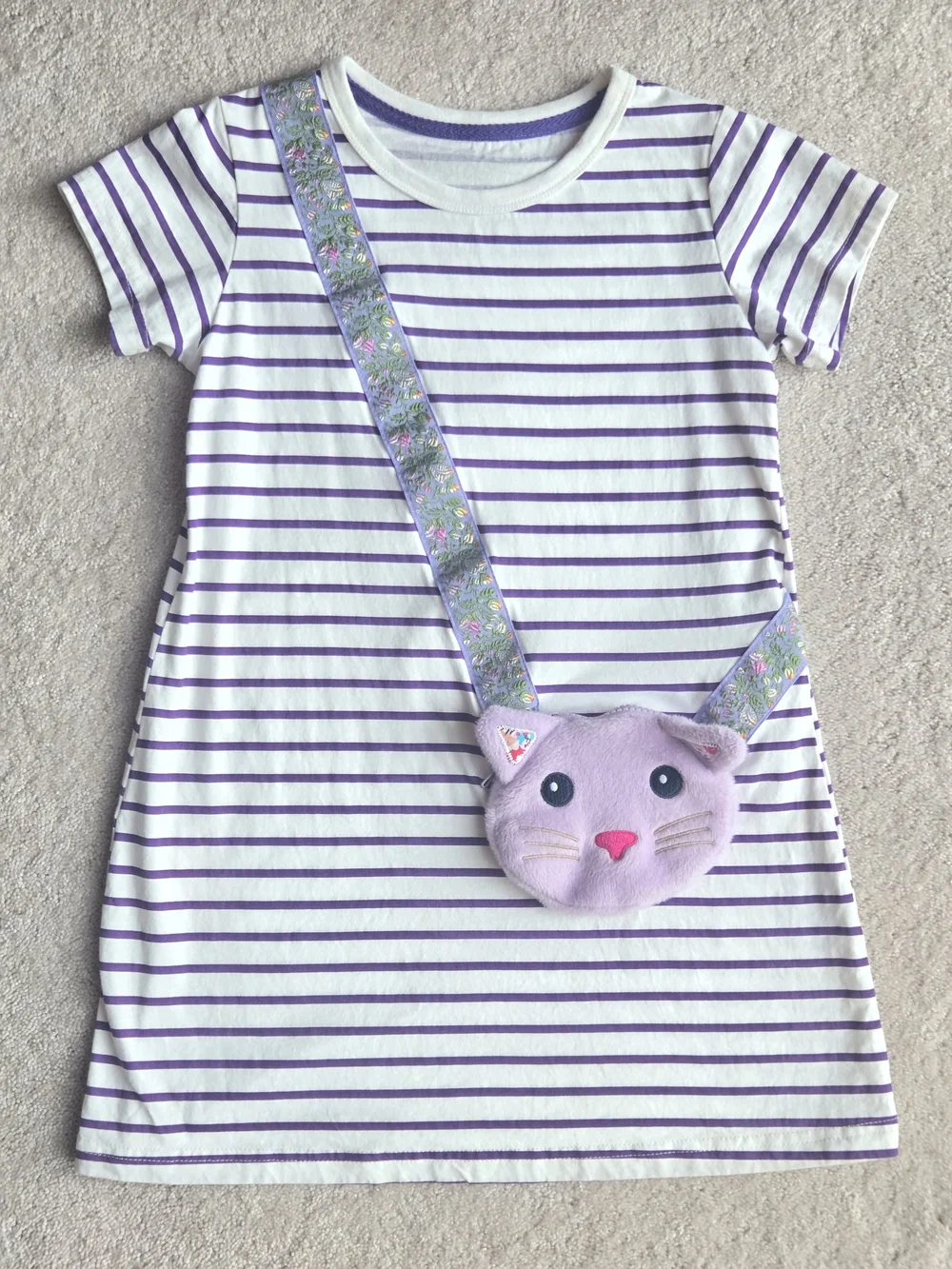 Girls Purple Striped Tee Dress with Lilac Cat Crossbody